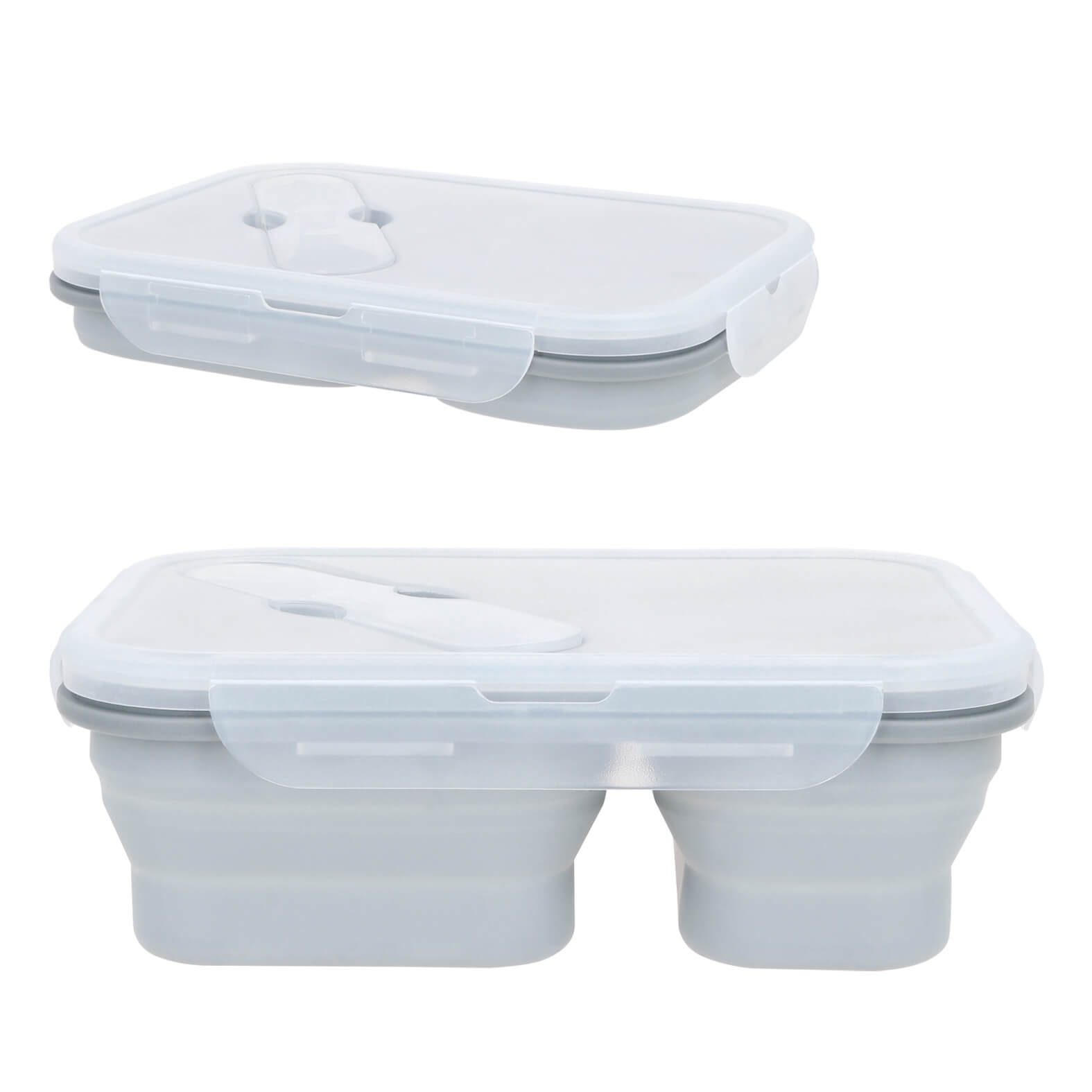 Contenedor de alimentos de silicón, con 2 compartimentos plegables , tapa con cierre hermetico y utensilio 2 en 1. GRIS