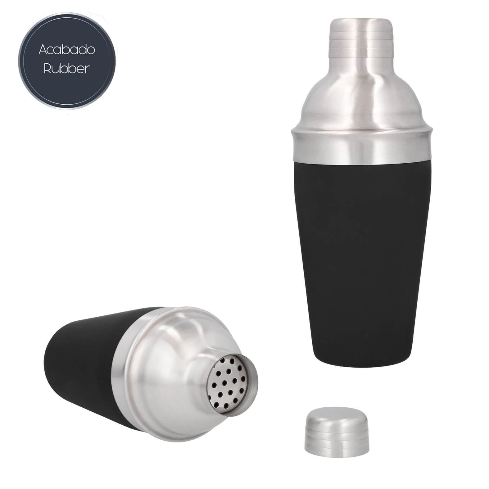 Shaker de acero inoxidable con acabado rubber y tapa metálica a presión con coladera. NEGRO