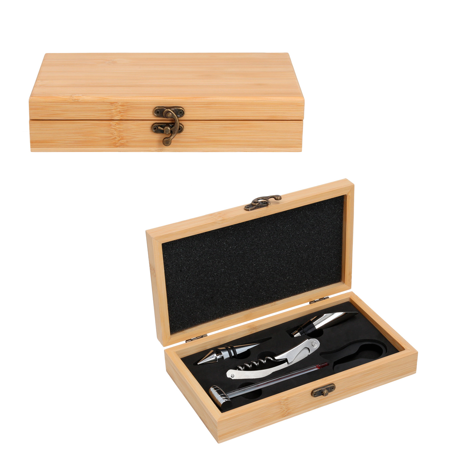 Set de vino con 5 accesorios que incluyen: Sacacorchos, boquilla, tapón para vino, termometro y corta etiquetas. BAMBU