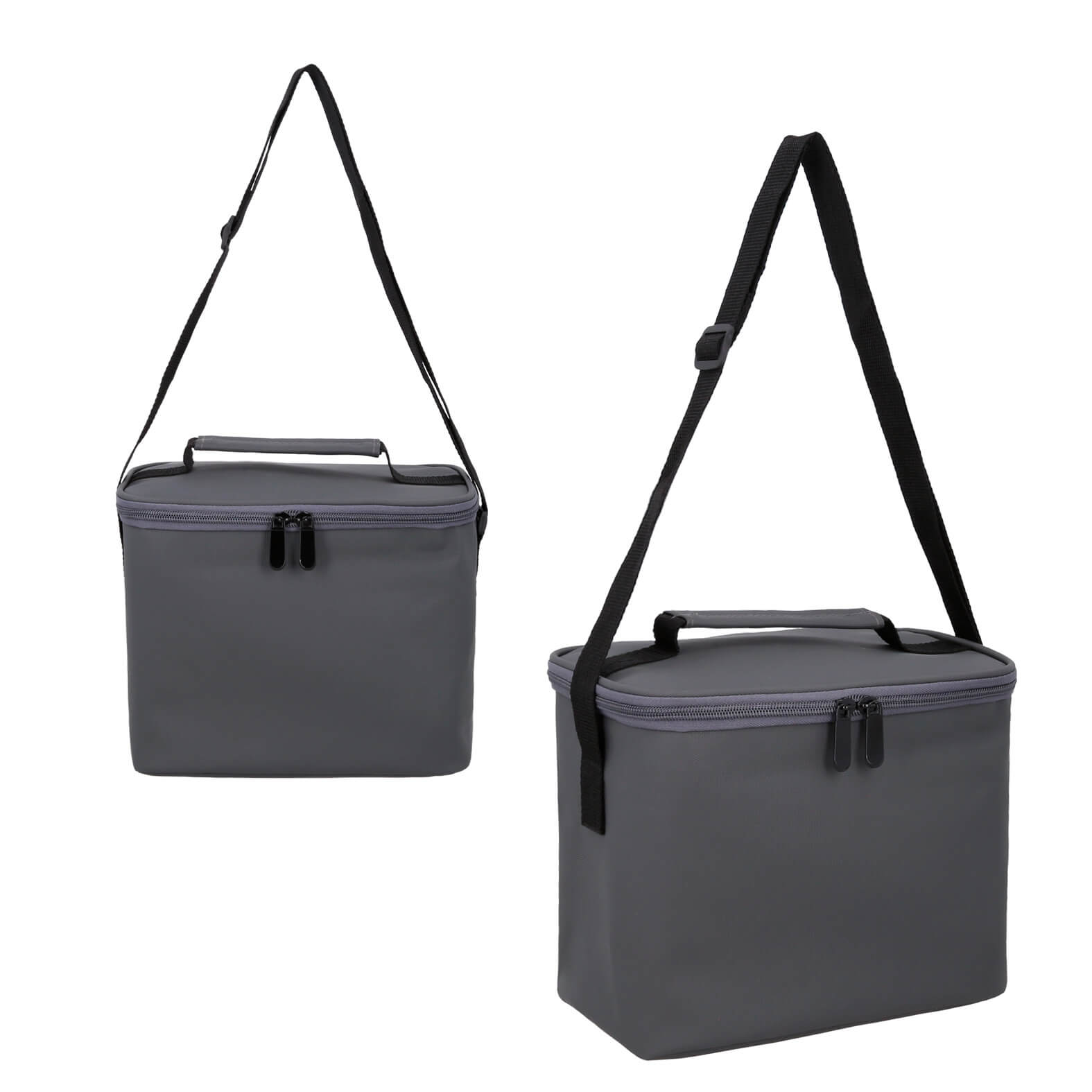 Lonchera con interior térmico de doble cierre, correa ajustable y asa superior. GRIS