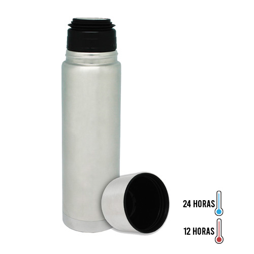 Termo con doble pared de acero inoxidable con sistema push y tapa que se utiliza como vaso. PLATA