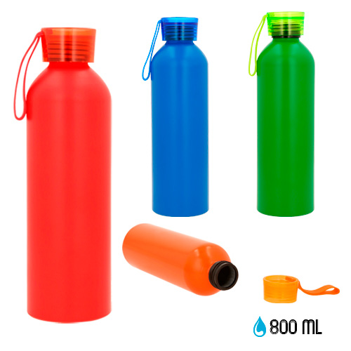 Cilindro de acero inoxidable, con tapa de plástico traslúcida enroscable y correa de silicón. AZUL