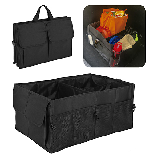 Organizador plegable para auto. Con dos compartimientos, 2 bolsas exteriores, 4 bolsas de malla y asas. NEGRO