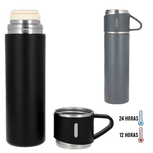 Termo con doble pared de acero inoxidable insulado al vacío. Acabado rugoso y tapa de rosca con asa que se utiliza como taza. NEGRO