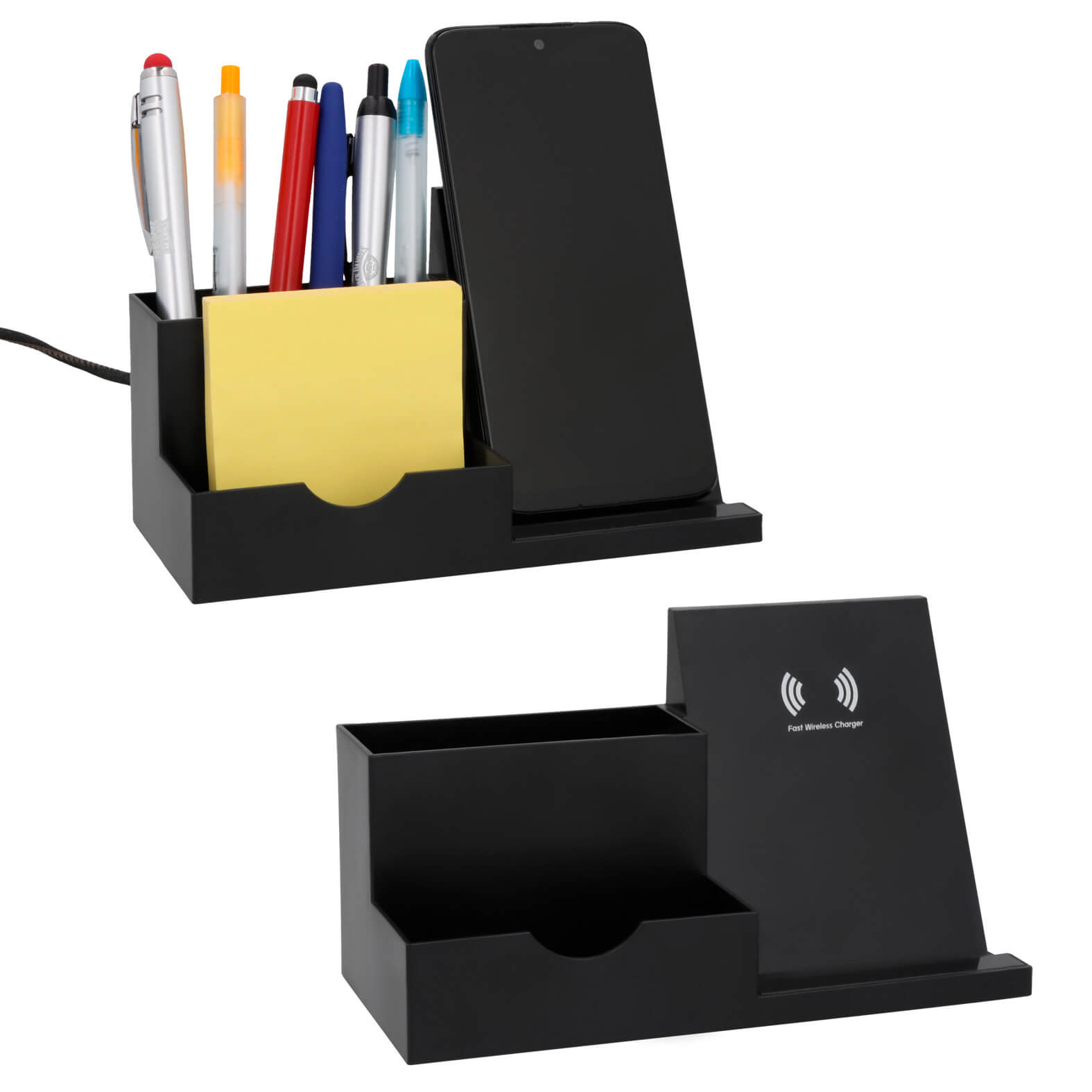 Multiorganizador para escritorio con cargador wireless para smartphones. Compatible con smartphones con tecnología Qi. Potencia de salida de máximo 15W. Incluye cable de carga. NEGRO