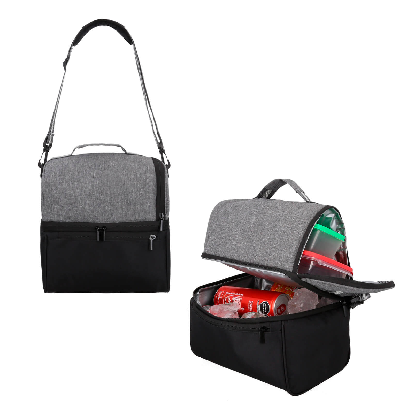 Lonchera en la parte superior y hielera en la parte inferior, 1 bolsa frontal, con correa ajustable y asa superior. GRIS