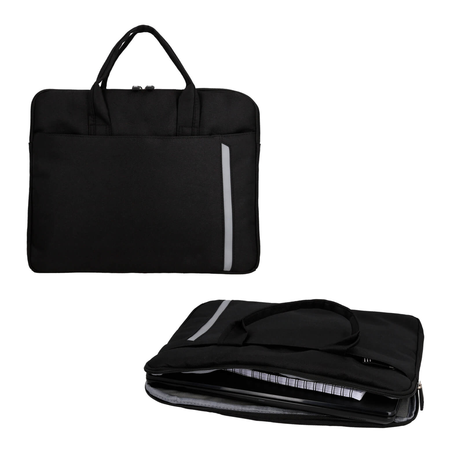 Portafolio de poliéster con compartimento principal de interior afelpado, 1 compartimento frontal, carry on y 2 asas. NEGRO