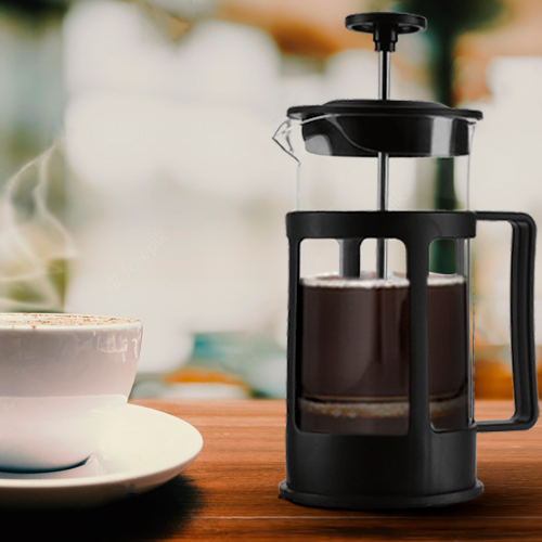 Cafetera de cristal tipo francés con base y tapa de plástico, filtro de acero inoxidable. NEGRO