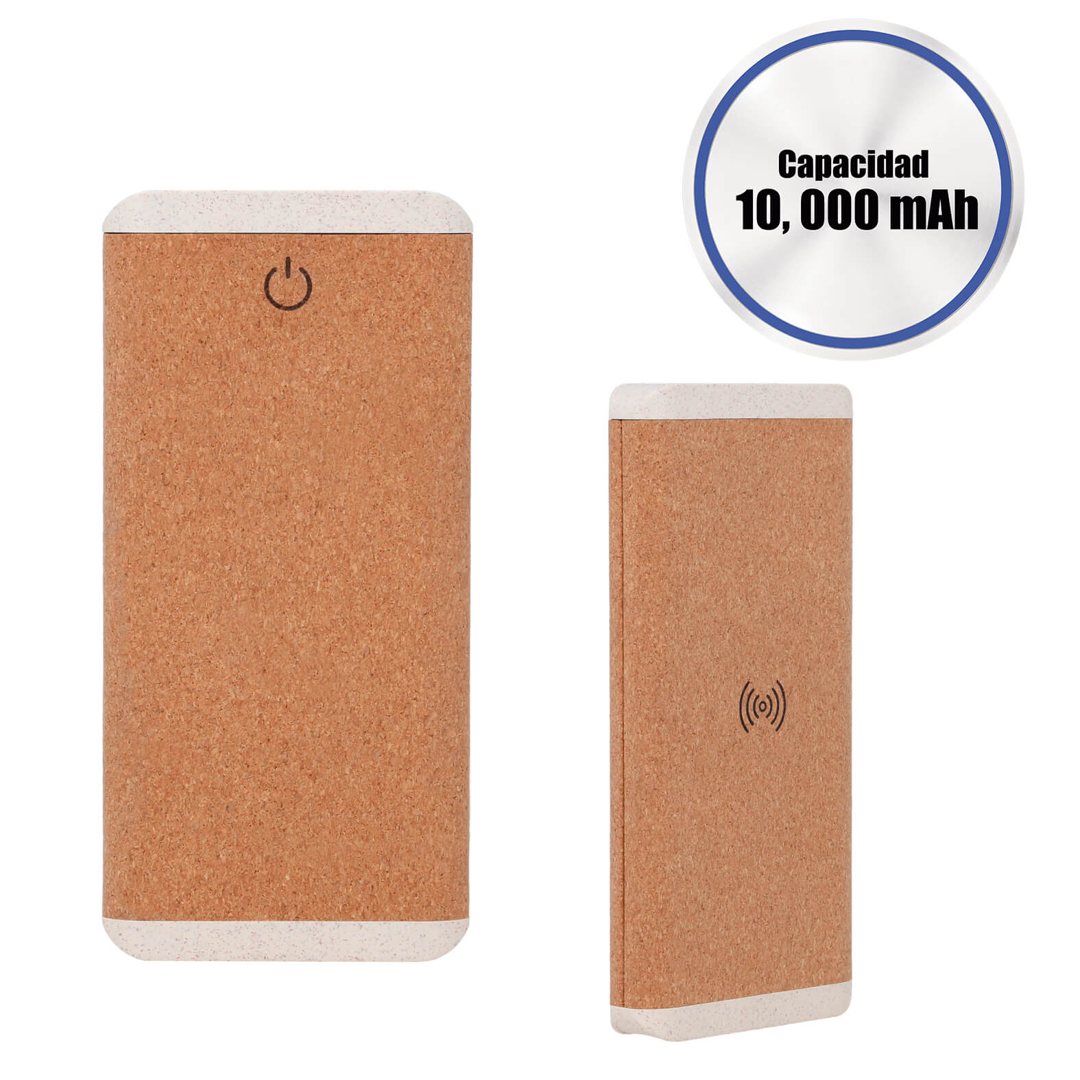 Power Bank de corcho con wireless charger de 10,000 mAh, 2 entradas USB y 1 tipo C. CORCHO