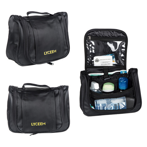 Práctico maletín de viaje con cierre, bolsa y asa frontal. Compartimentos de malla, porta objetos y gancho interno. NEGRO