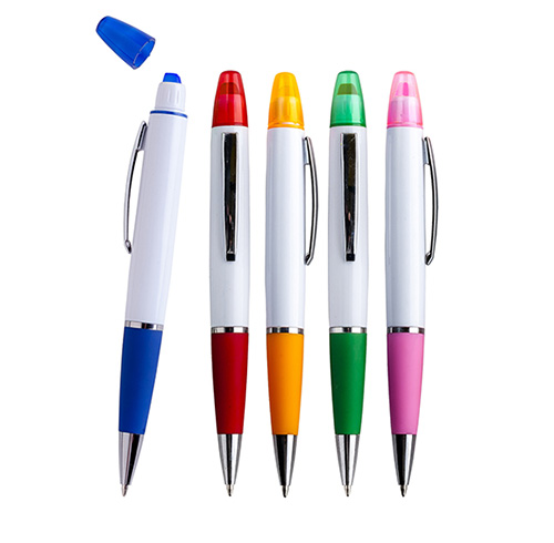 Bolígrafo de plástico, mecanismo retráctil y marcatextos de cera ( NO SE SECA). AZUL