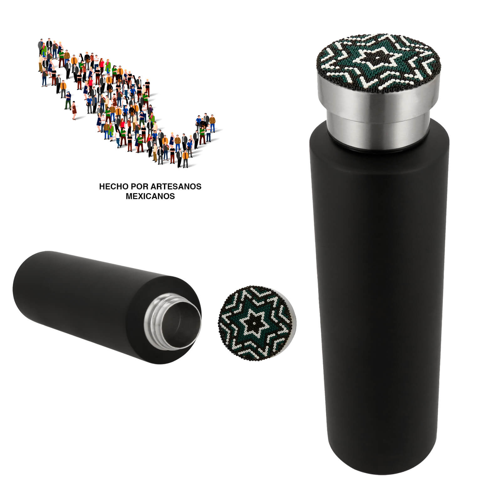Termo de acero inoxidable con doble pared y tapa enroscable. EDICIÓN HUICHOL. NEGRO