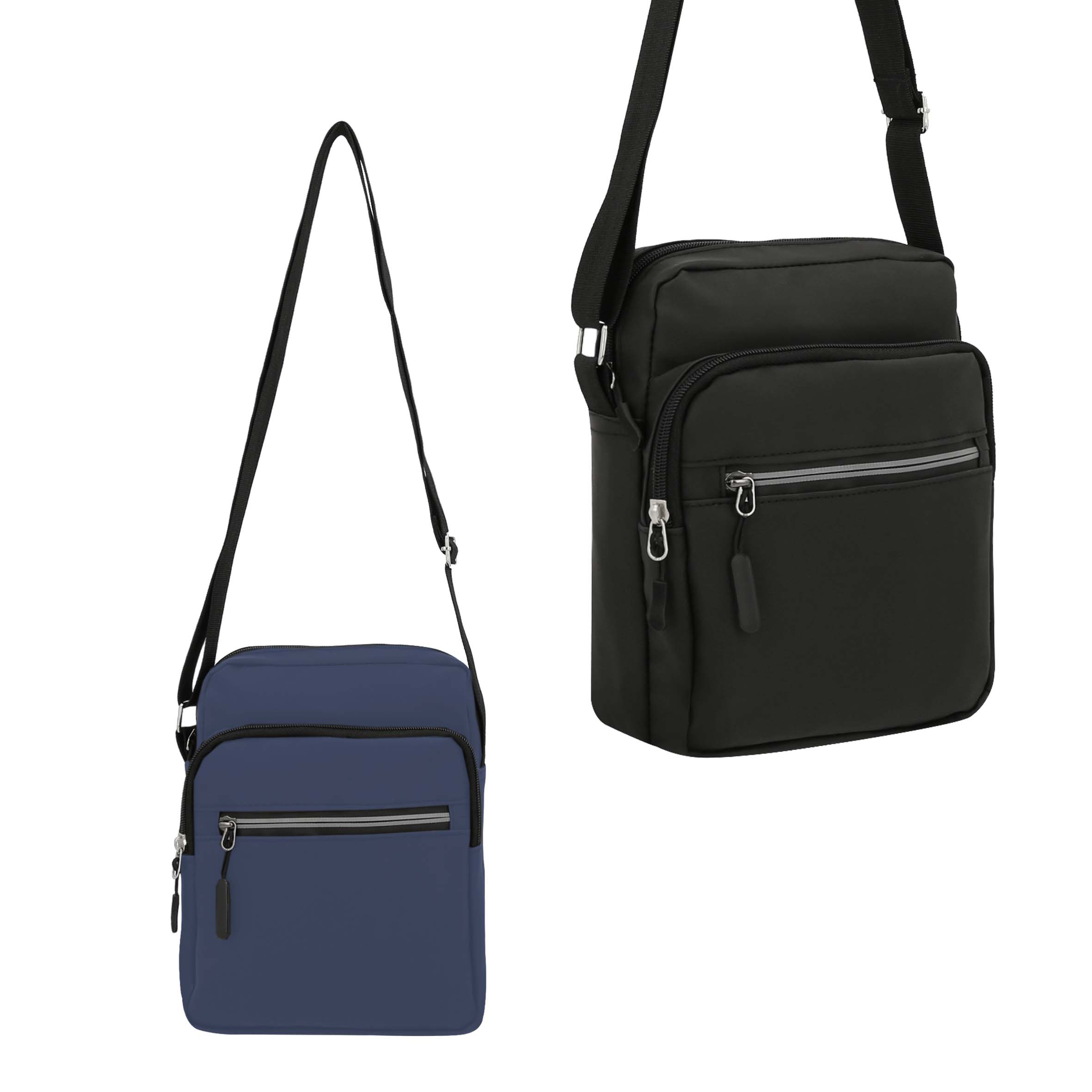 Bolsa porta documentos de 3 compartimentos. Compartimento principal, 2 compartimentos frontales con zipper y correa ajustable. AZUL