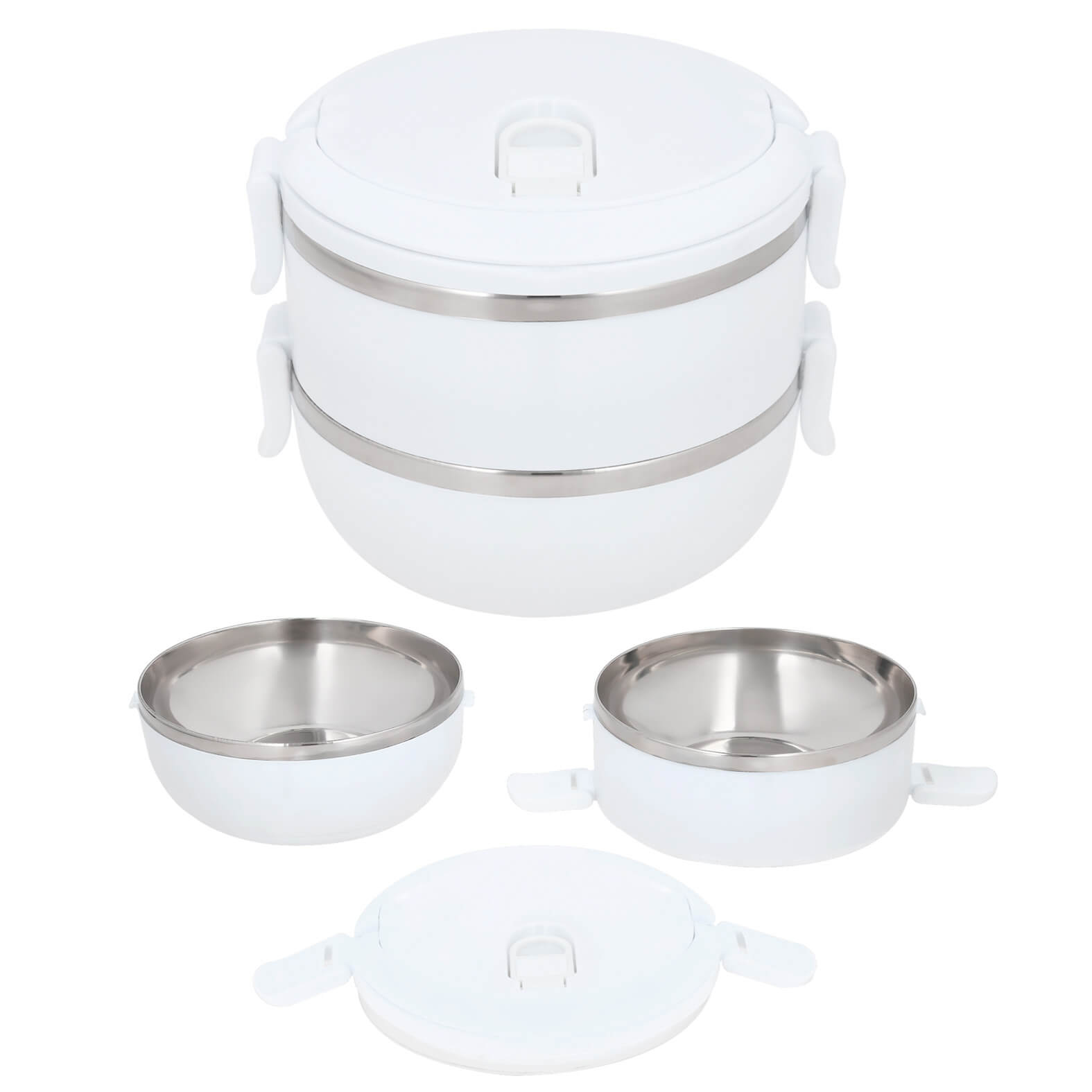 Portavianda con dos recipientes de acero inoxidable, asa sujetadora y válvula de silicón. BLANCO