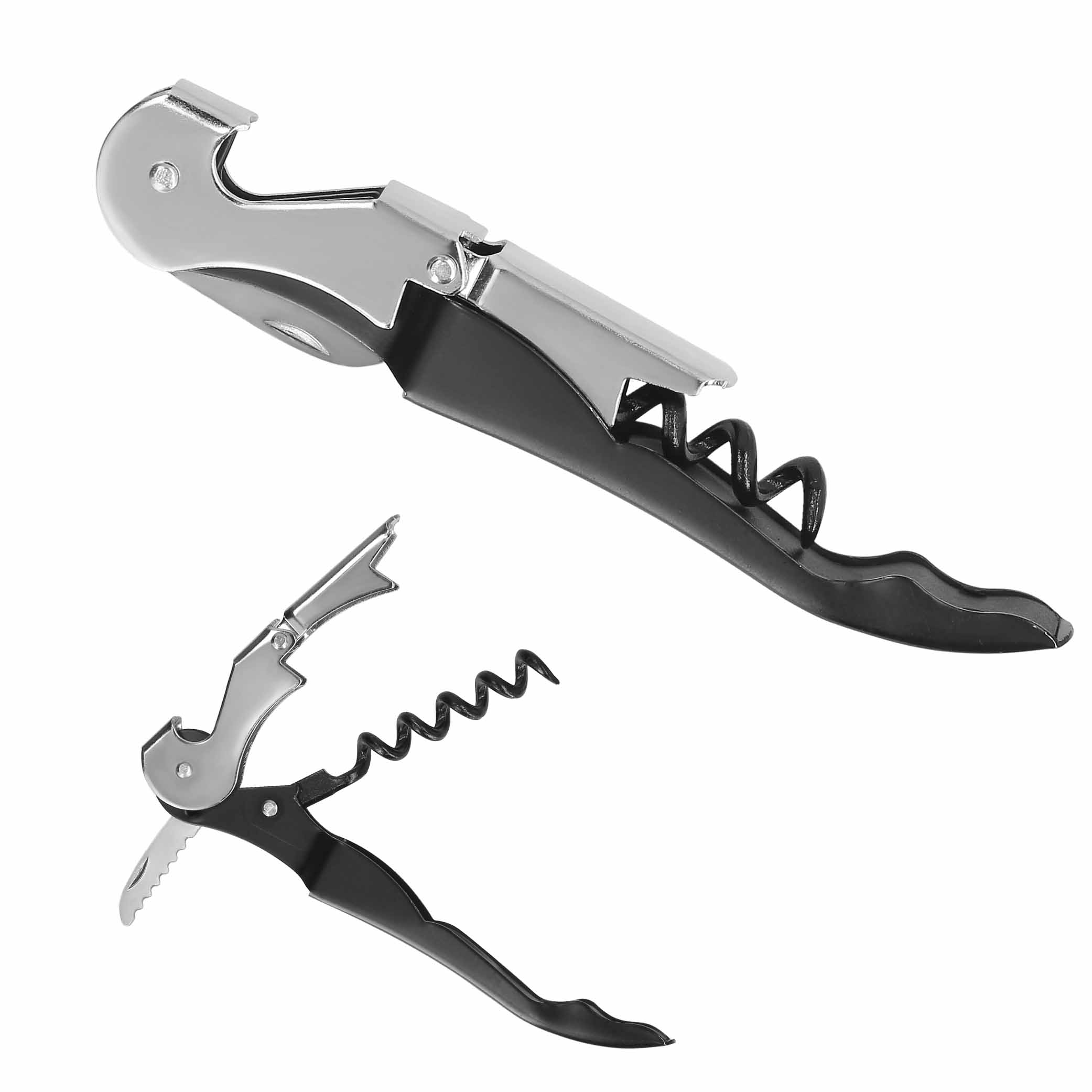 Sacacorchos de dos pasos de acero inoxidable con navaja y destapador. NEGRO