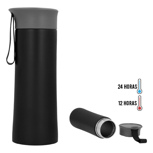 Termo con doble pared de acero inoxidable, tapa de plástico enroscable y correa de silicón. NEGRO