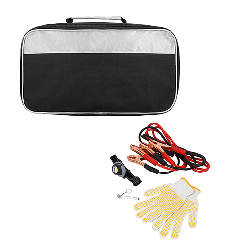 Set de cables para pasar corriente, calibrador de presión de aire, guantes y lámpara con luz LED funciona con 3 baterías AAA ( no incluidas). Incluye estuche de tela con cierre y cinta reflectora. NEGRO