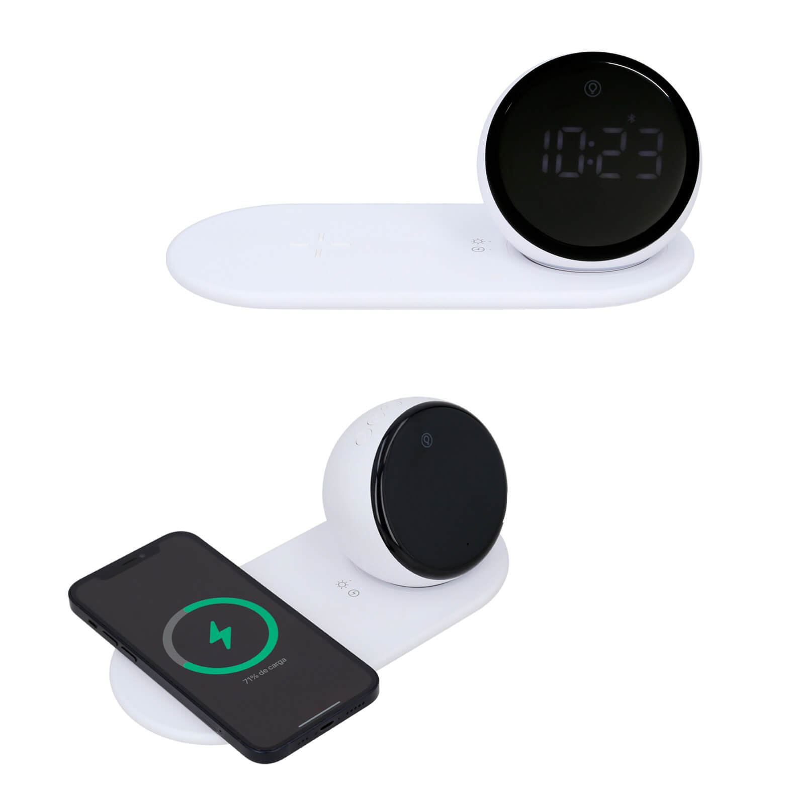 Cargador inalámbrico con alarma digital, bluetooth, bocina y lámpara de noche con tres modalidades. Incluye cable de carga tipo C. BLANCO
