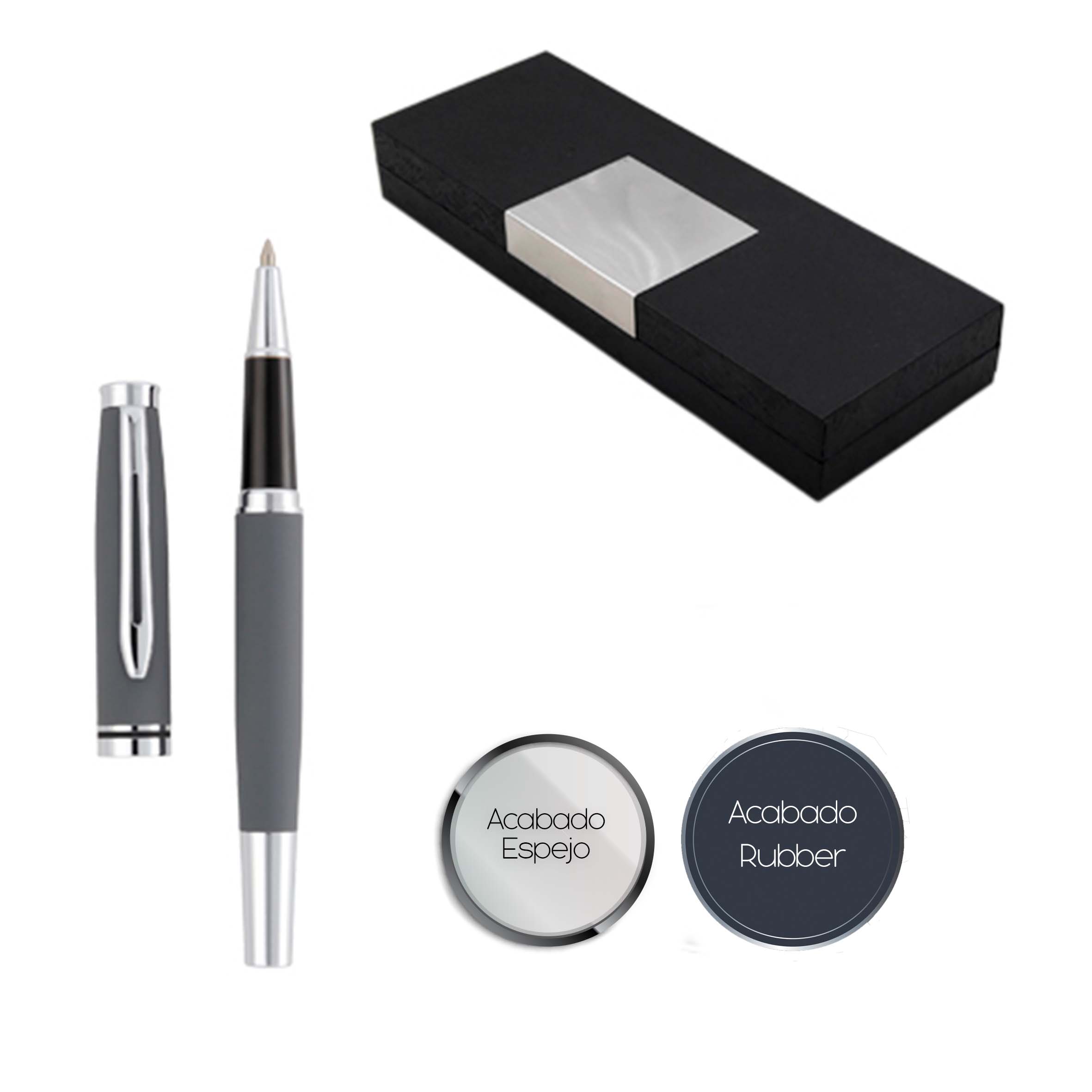 Bolígrafo metálico con acabado rubber y con tapa. Incluye estuche. GRIS