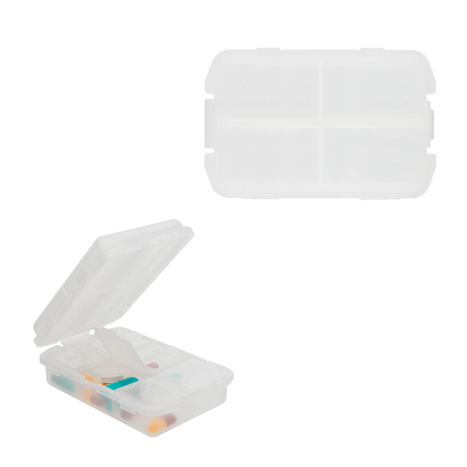 Pastillero de plástico con broche y 10 compartimentos internos. TRANSPARENTE