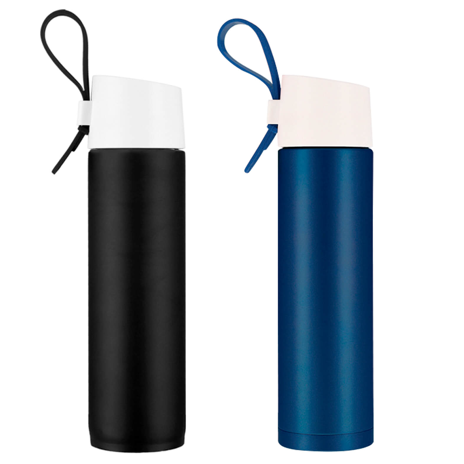 Termo de acero inoxidable con acabado mate y correa para sujetar. AZUL
