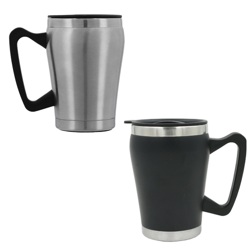 Taza térmica con doble pared de acero inoxidable y asa de plástico. NEGRO