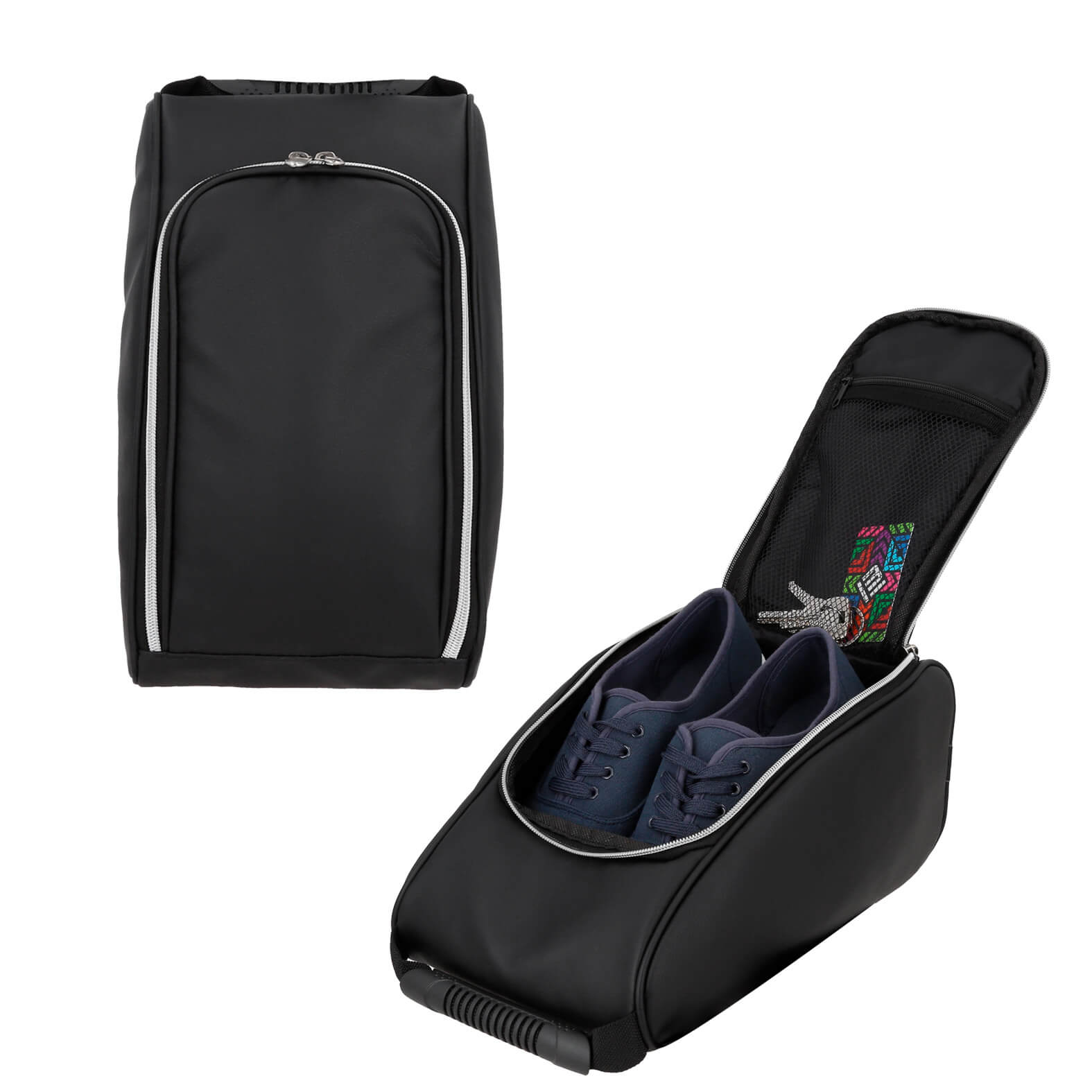 Zapatera portátil de curpiel con 1 compartimento de malla dentro que incluye cierre y asa superior ergonómica. NEGRO