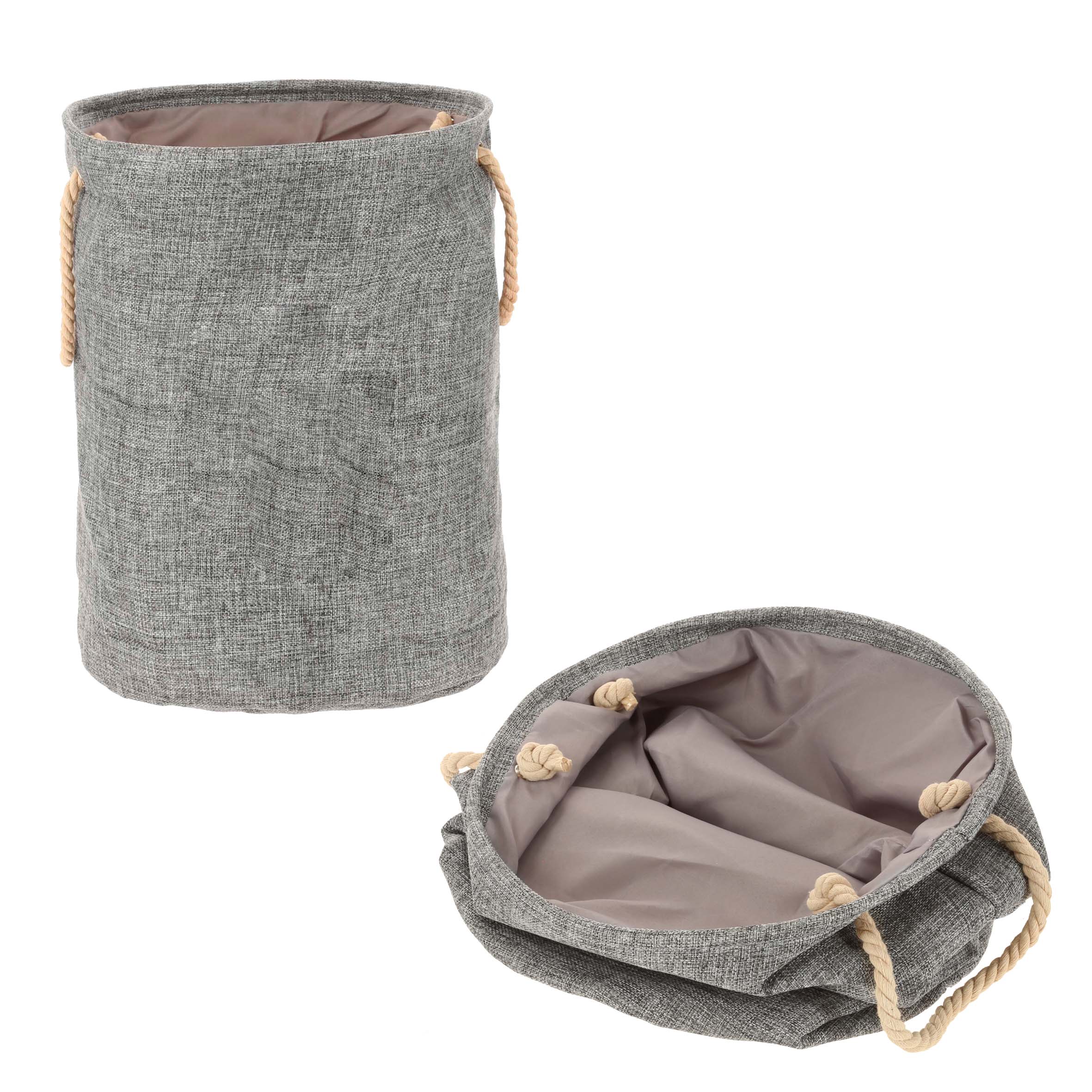 Cesto circular para ropa sucia con interior forrado y asas de algodón. GRIS