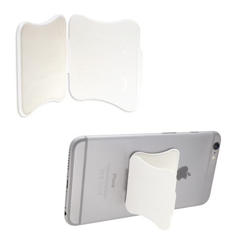 Soporte para celular con doble cinta adhesiva que sirve para pegarse sobre cualquier superficie plana y su adherible puede ser usado en varias ocasiones. BLANCO