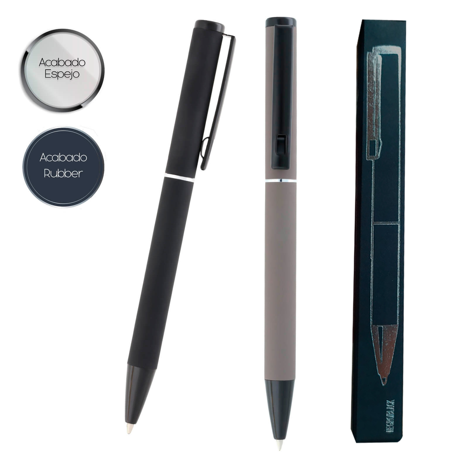 Bolígrafo metálico con acabado rubber, clip y mecanismo retractil. Incluye caja. GRIS