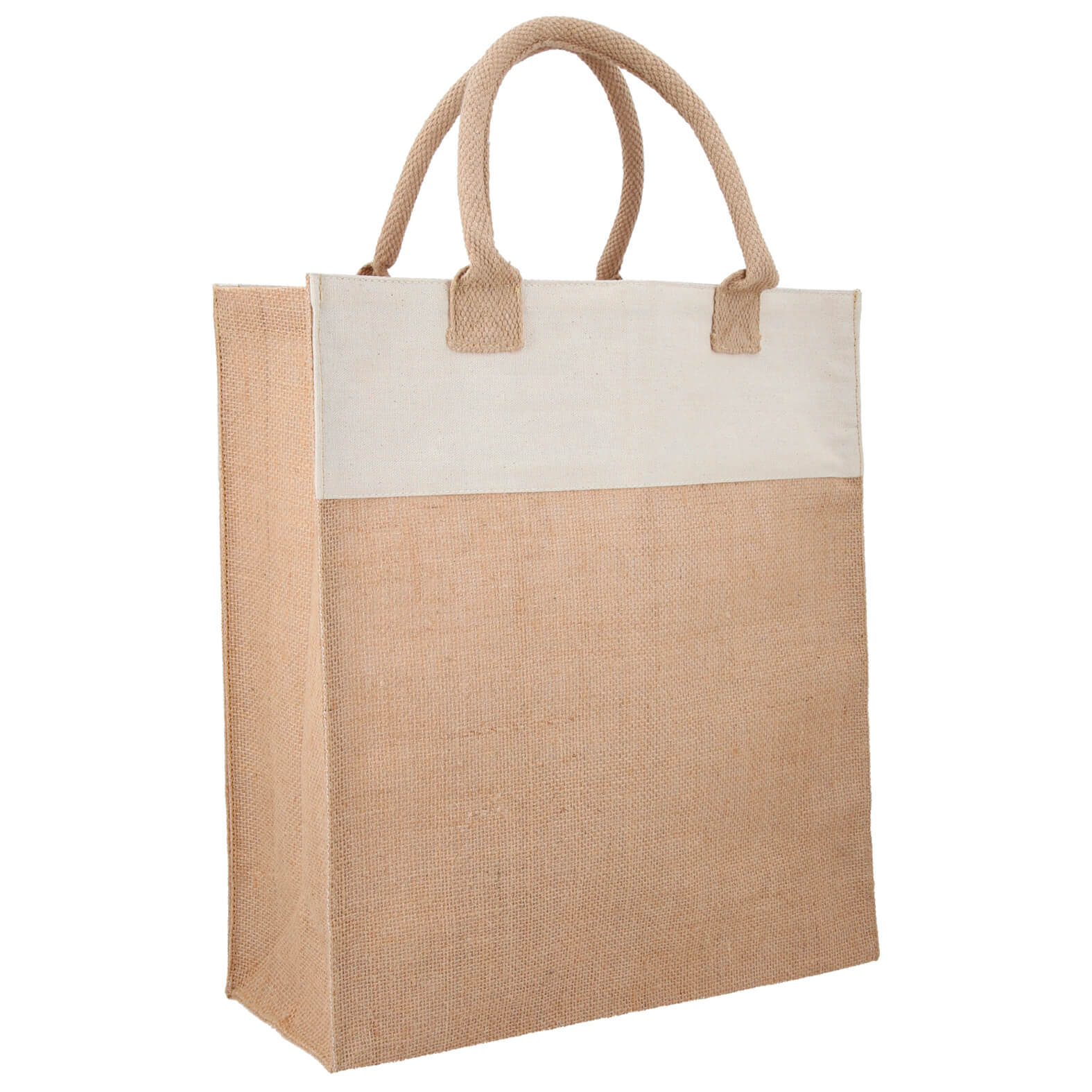 Bolsa de yute y algodón con interior plastificado con asas y fuelle. UNICO