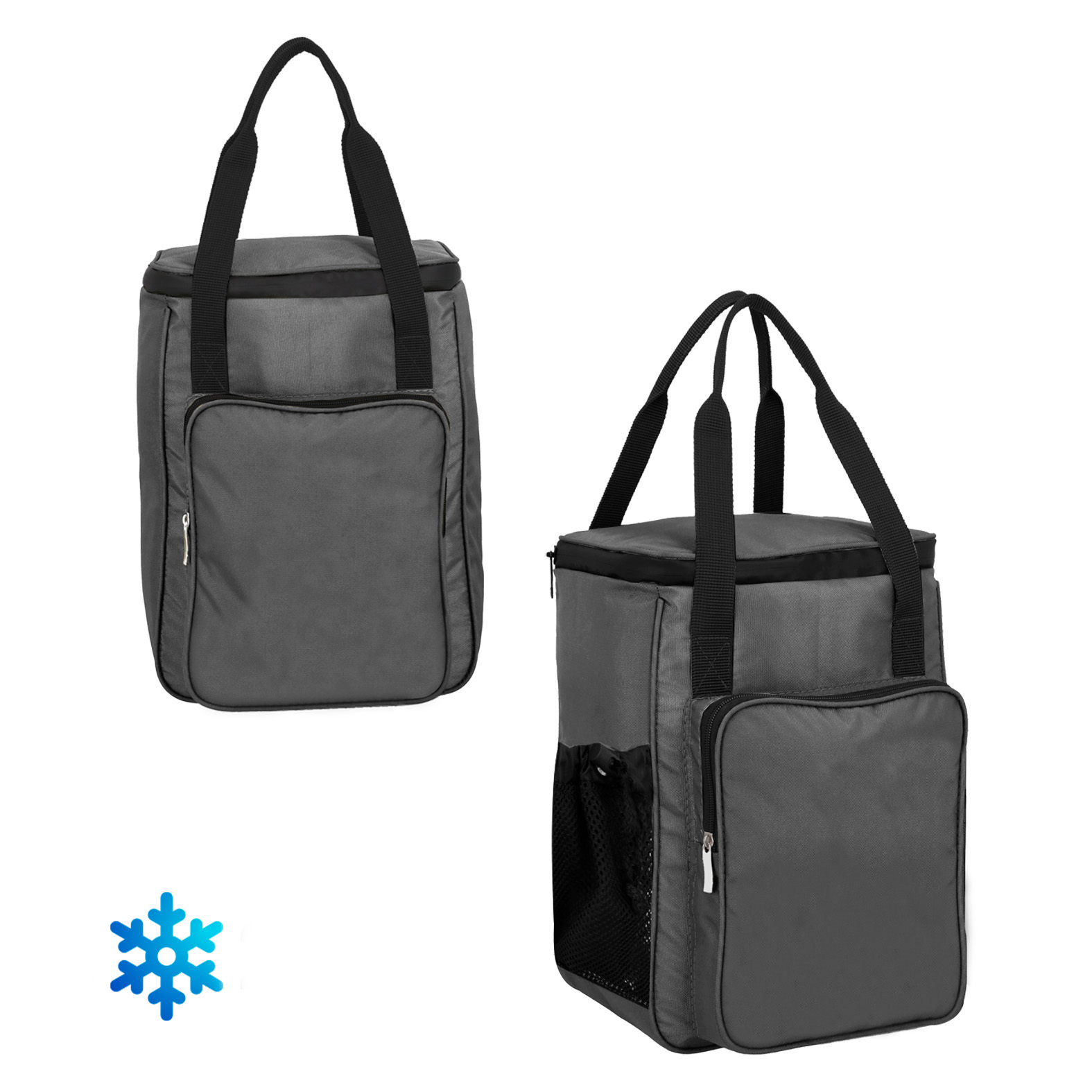 Hielera con interior plastificado, sellado en compartimento principal, un compartimento secundario con cierre, malla lateral y asas superiores. GRIS